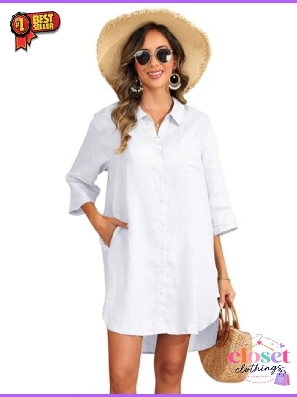 100% Linen Button Down Shirt Dress 3/4 Sleeve Oversize Tunic with Pockets